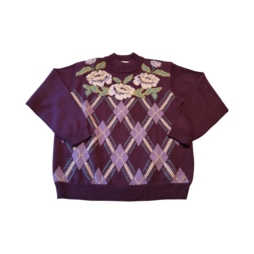Alfred Dunner Vintage Purple Floral Argyle Wool Blend Mock Neck Sweater Large